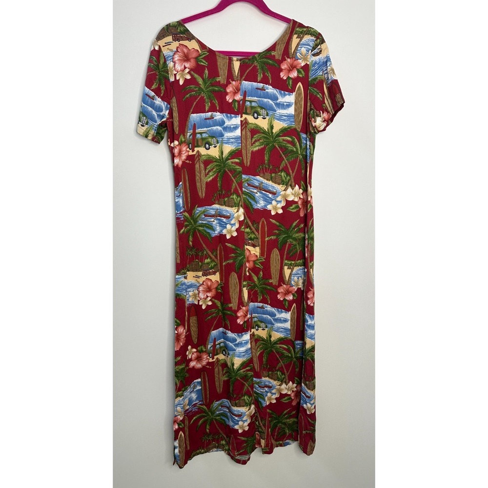 Hilo Hattie Red Tropical Scenic Surfboard Rayon Midi Dress Small Hawaiian Floral - Picture 10 of 14